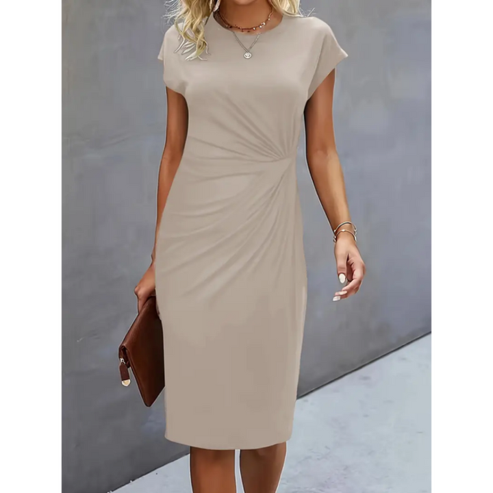 Professional women's midi dress with delicate cap sleeves & flattering gathered waist, suitable for office & events.