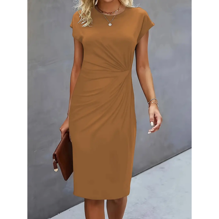 Comfortable women's midi dress with cap sleeves & gathered waist, offering a chic, elegant silhouette for work.
