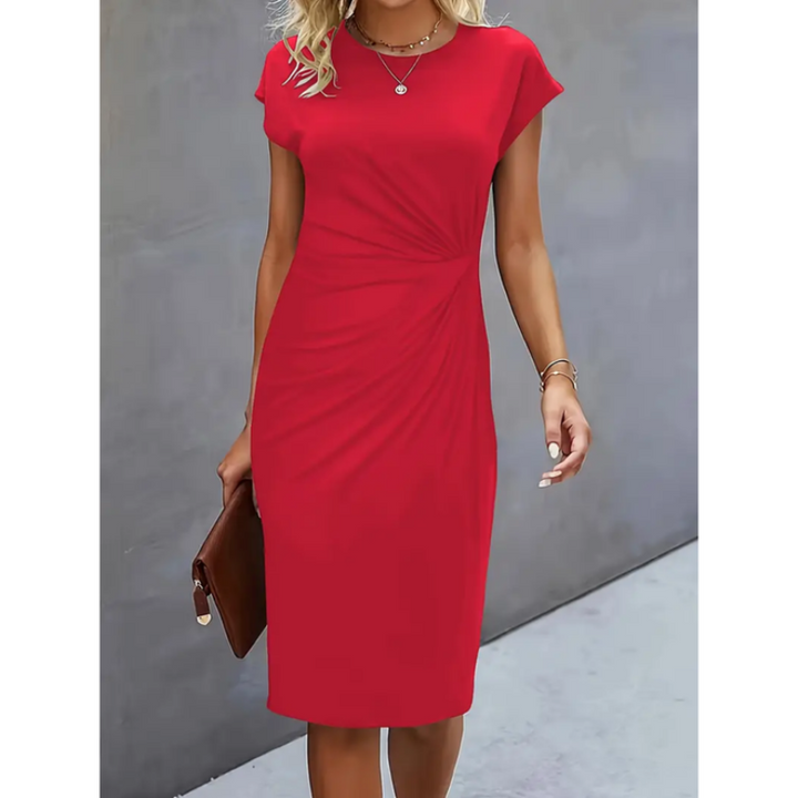 Modern women's midi dress with cap sleeves & a tailored gathered waist, perfect for stylish business casual outfits.