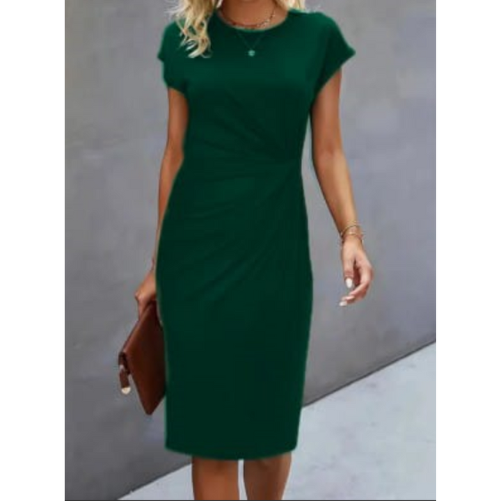 Flattering women's midi dress, cap sleeves & cinched gathered waist, creating an elegant, professional workwear silhouette.