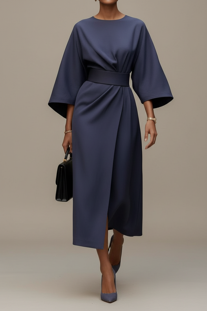 Elegant women's midi dress with chic lantern sleeves, perfect for evening events or as a wedding guest outfit.