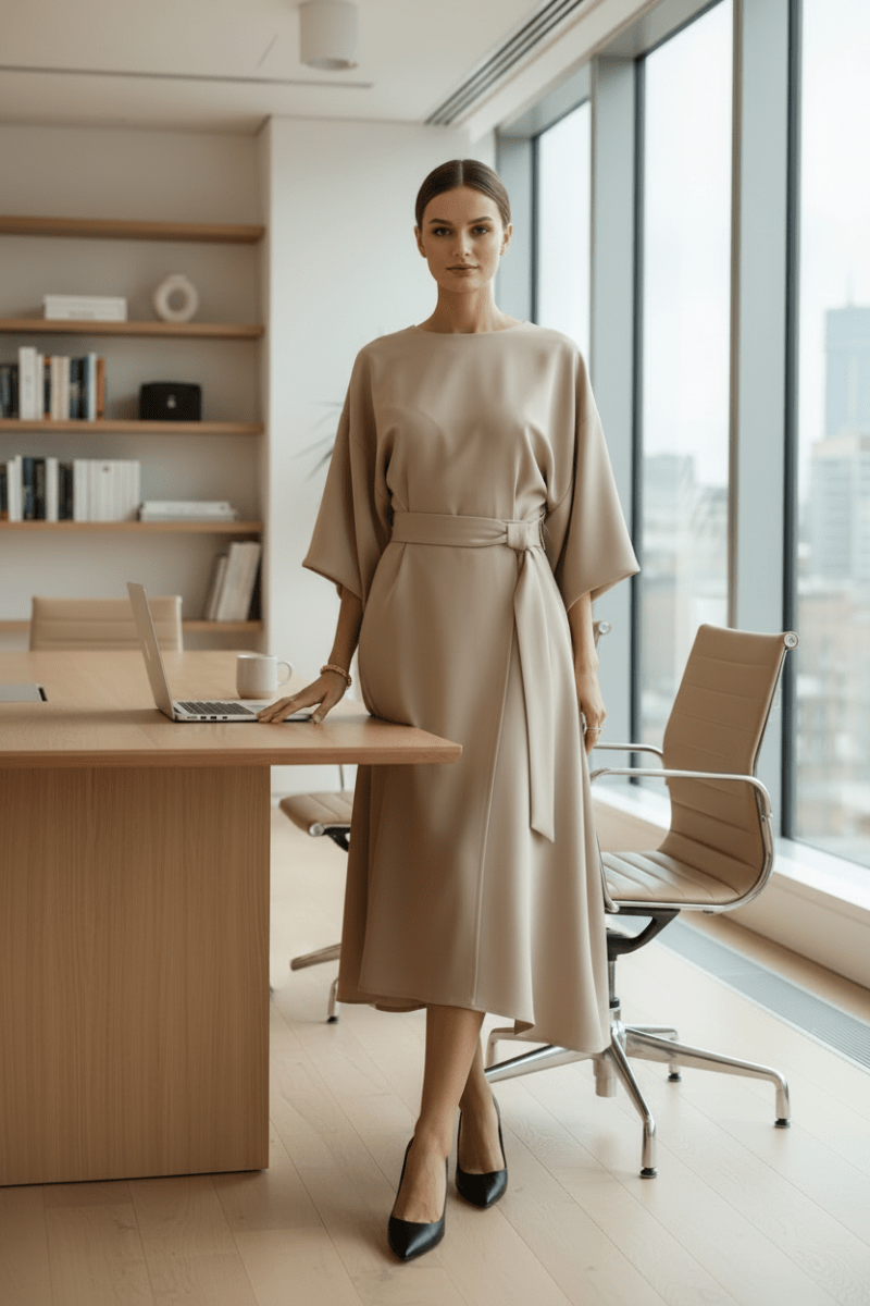 Sophisticated women's midi dress with flattering lantern sleeves, excellent for formal events and parties.