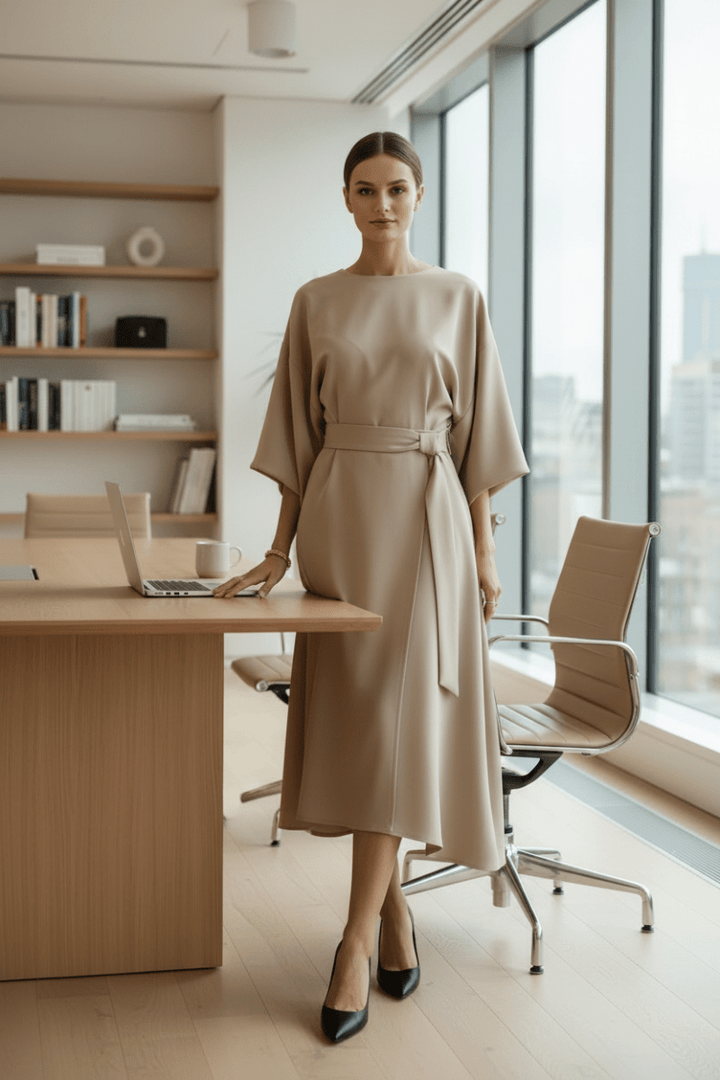 Sophisticated women's midi dress with flattering lantern sleeves, excellent for formal events and parties.