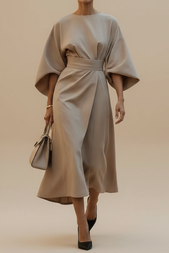 Stylish long sleeve midi dress for women, offering an elegant look with its unique lantern sleeves.