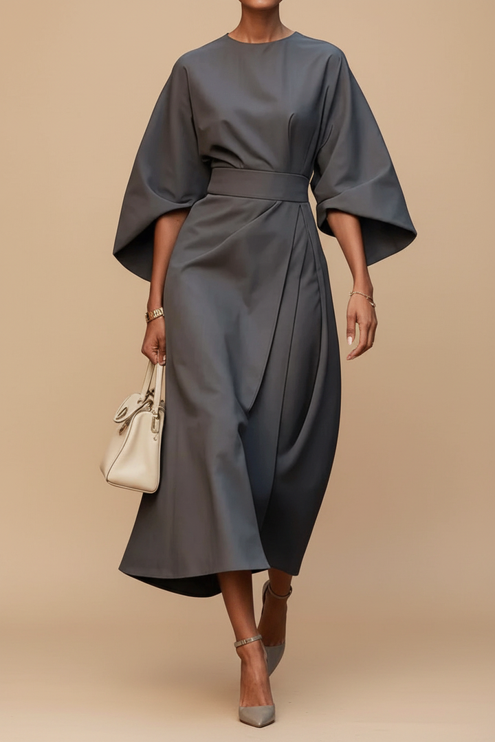 Women's wedding guest midi dress, elegant with long lantern sleeves. A chic and comfortable option.