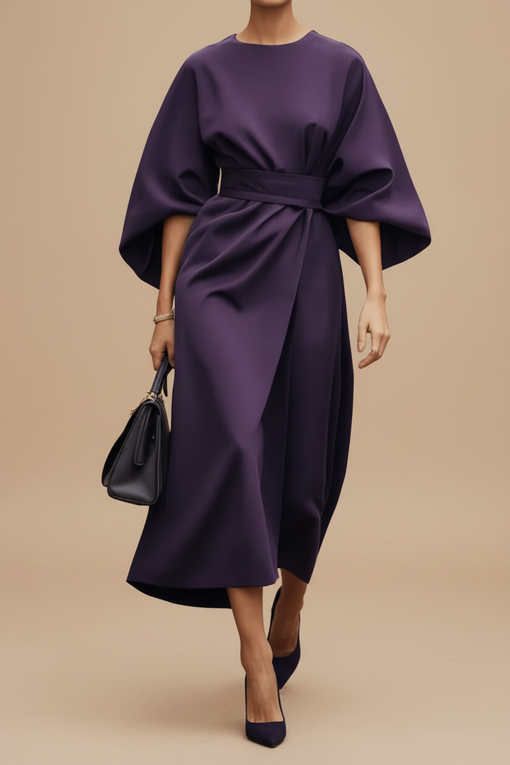 Flattering women's occasion midi dress with elegant lantern sleeves. A perfect choice for a sophisticated look.