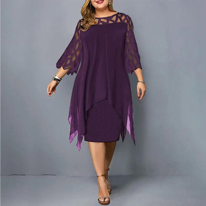 Elegant women's midi dress with delicate lace sleeves & round neck, perfect for special occasions.
