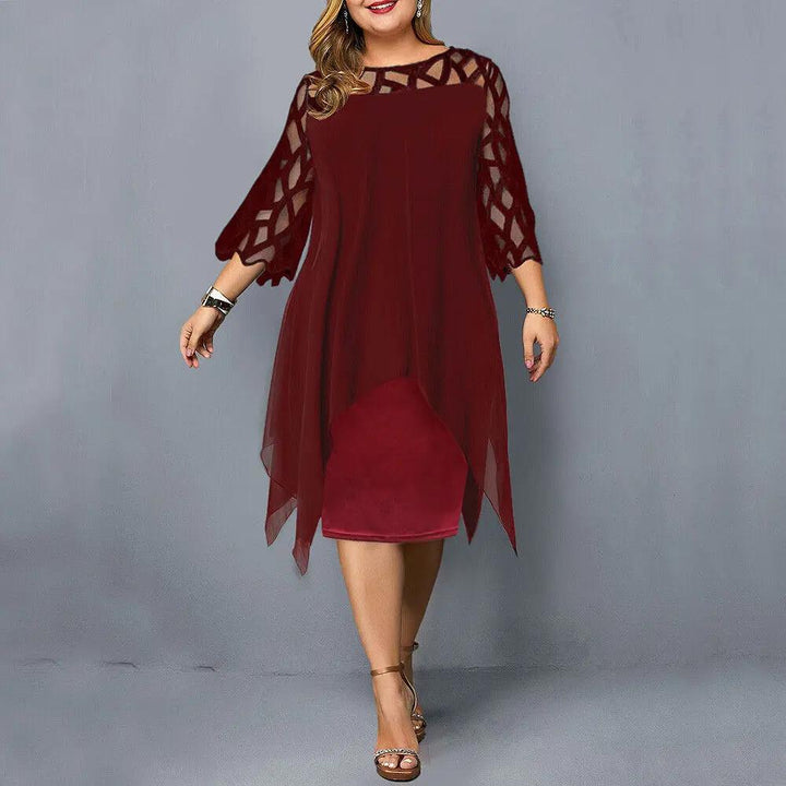 Versatile women's elegant midi dress with lace sleeves & round neck, ideal for various occasions.