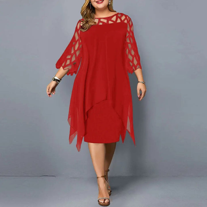 Full length view of elegant women's midi dress with stunning lace sleeves and a round neck design.