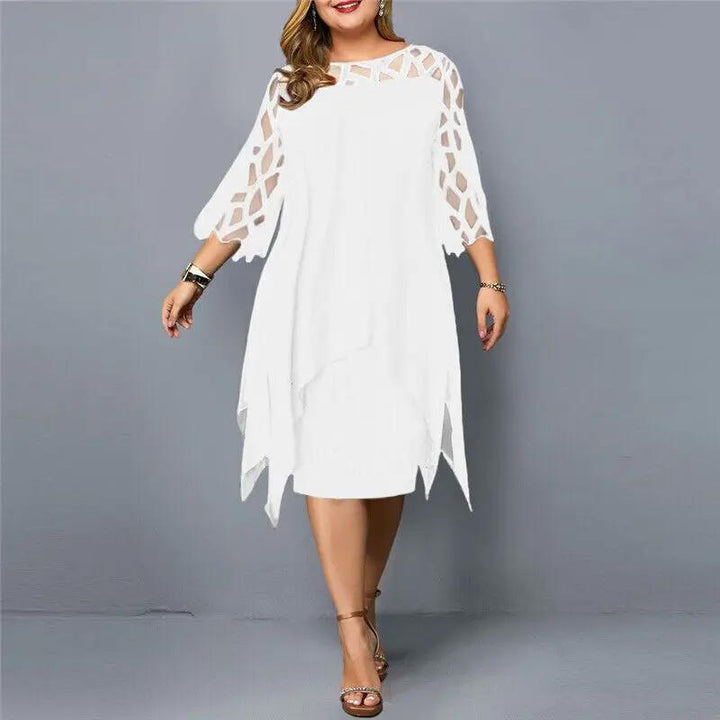 Women's occasion wear midi dress, detailed with beautiful lace sleeves and a flattering round neckline.