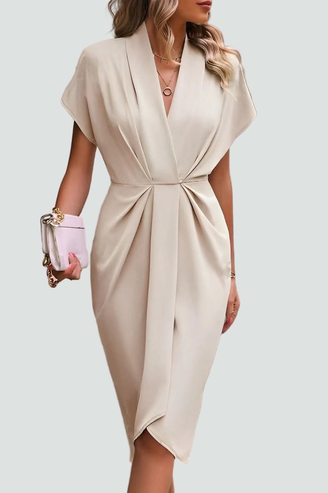 Sophisticated women's elegant midi wrap dress, a flattering V-neck design for versatile occasion wear.