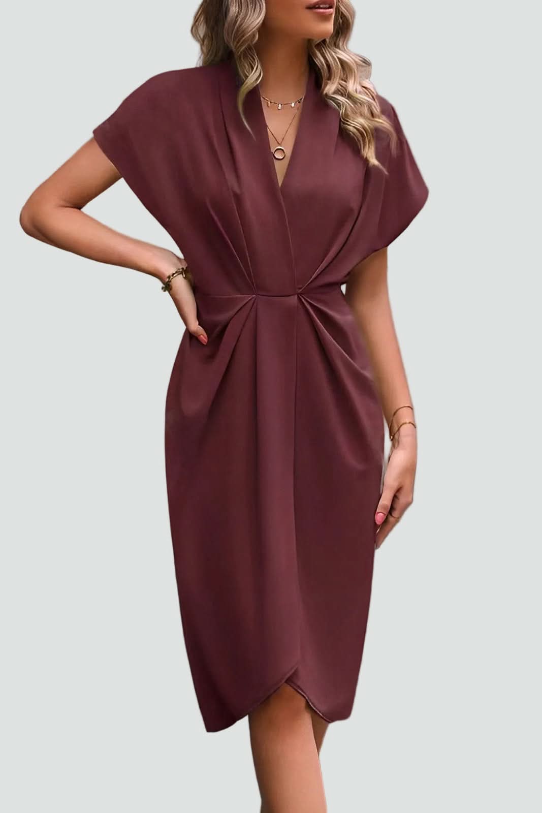 Feminine style elegant women's midi wrap dress, featuring a flattering V-neck, perfect for parties and events.