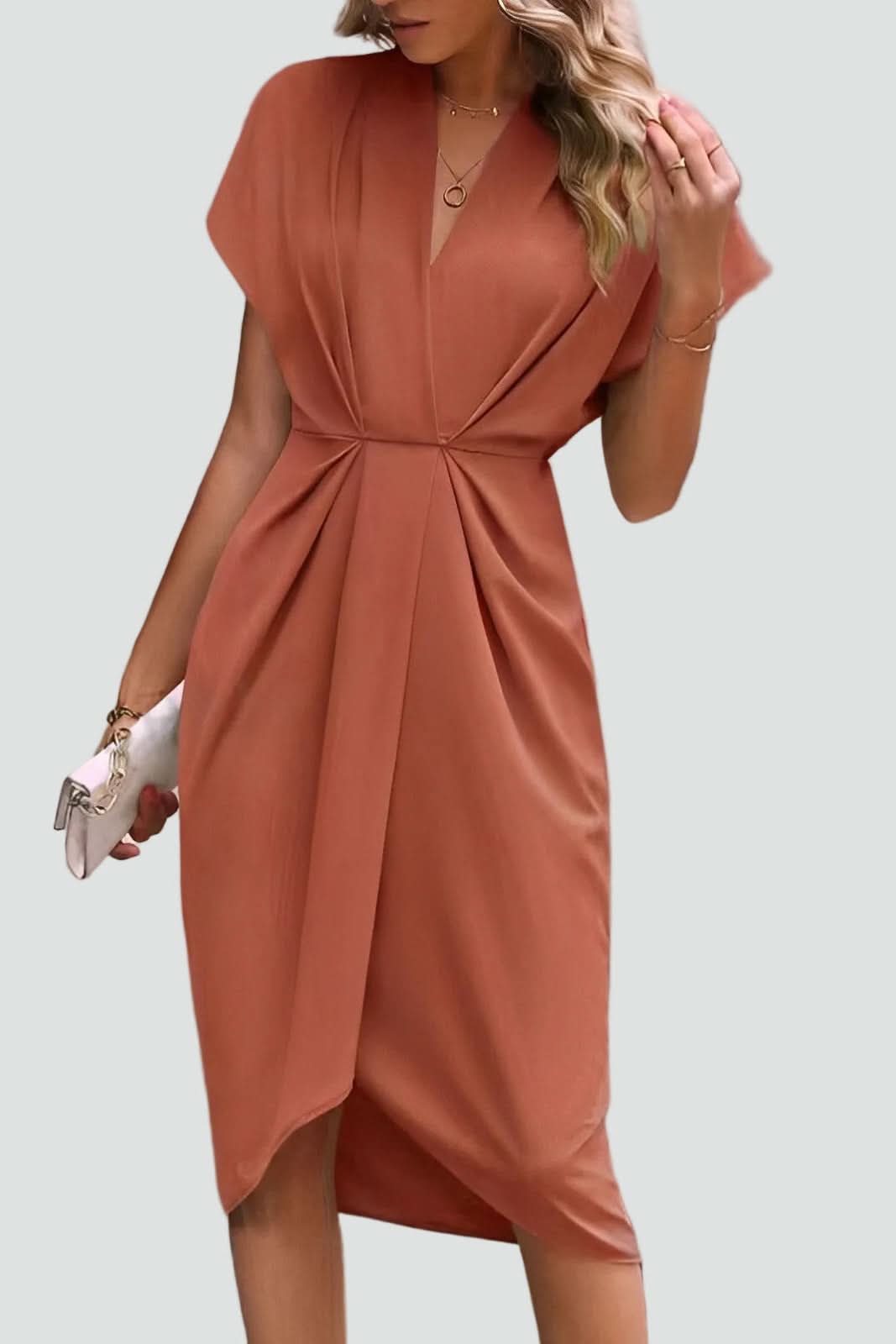 Chic blue women's midi wrap dress, a versatile and elegant V-neck style for feminine and flattering occasion wear.