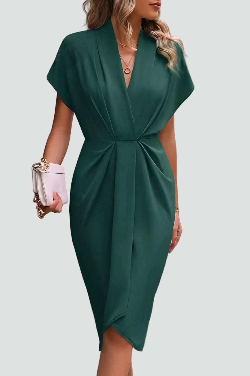Flattering wrap detail on this elegant women's midi dress, creating a feminine style ideal for parties.