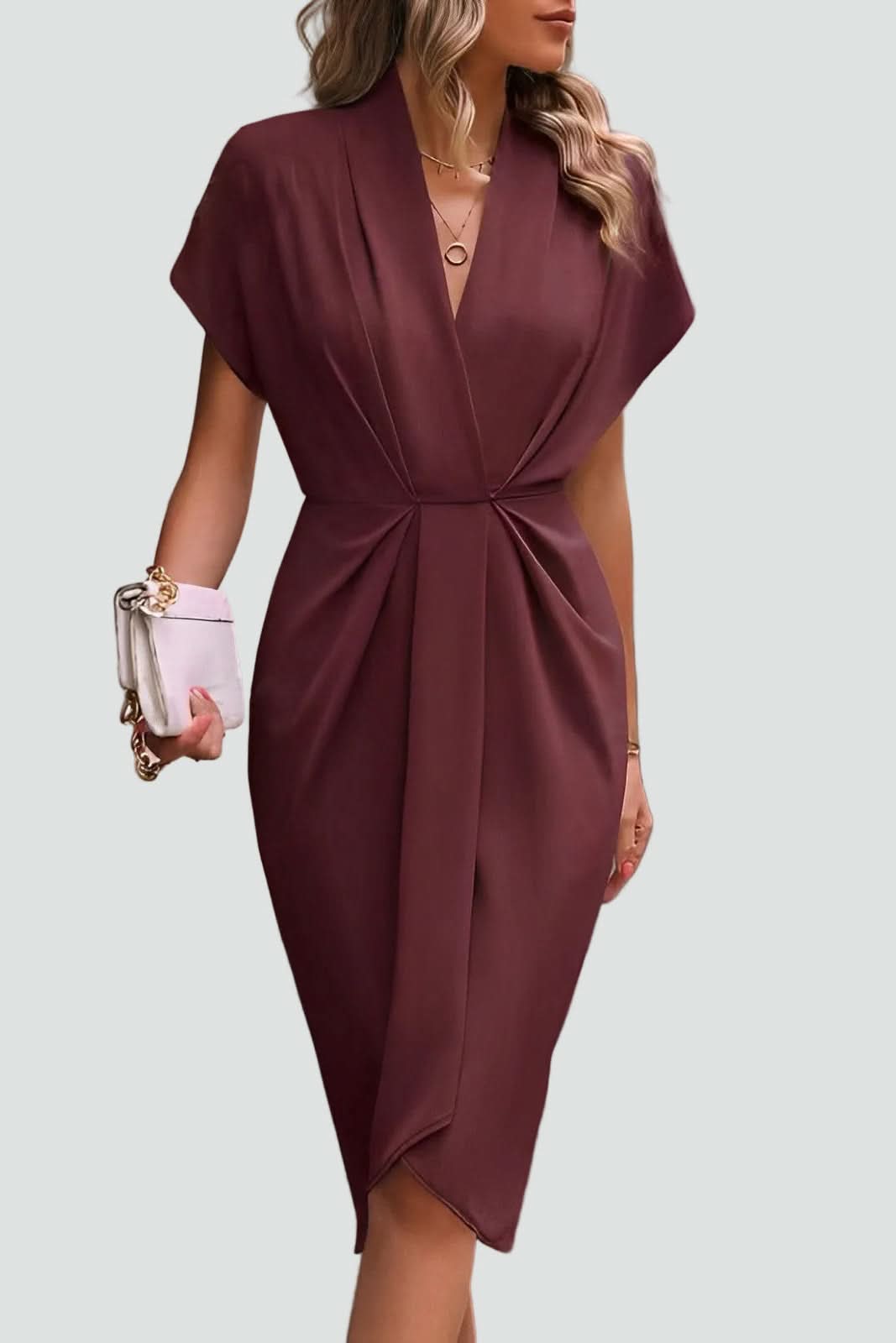 Perfect elegant women's V-neck midi wrap dress, ideal for cocktail parties, special occasions, and versatile wear.