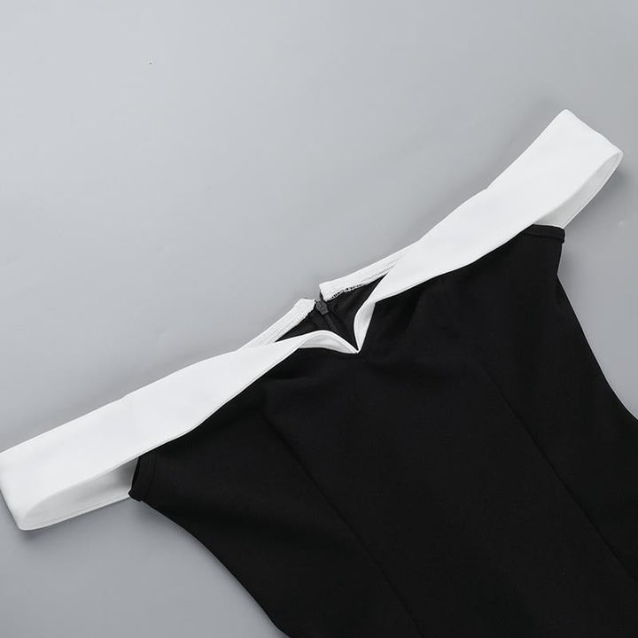 Elegant women's flared mini dress, an ideal cocktail or party dress with a distinctive contrast neckline.