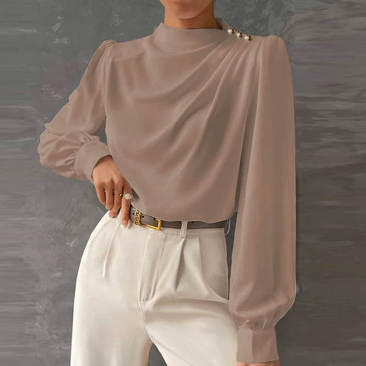 Elegant women's mock neck ruched blouse with long sleeves & gold buttons. Perfect for office wear & sophisticated style.