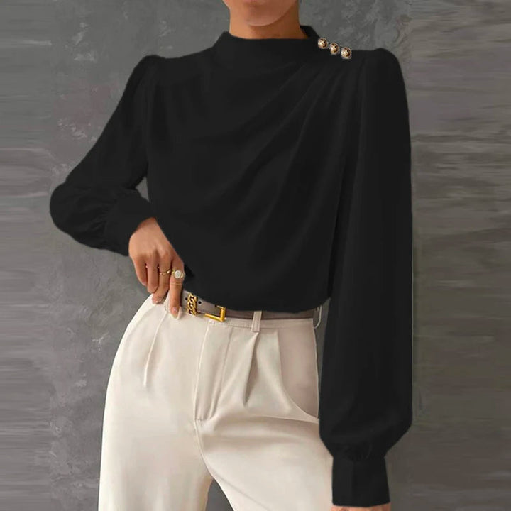 Sophisticated women's elegant mock neck blouse, featuring chic ruching & polished gold buttons. Ideal for work.