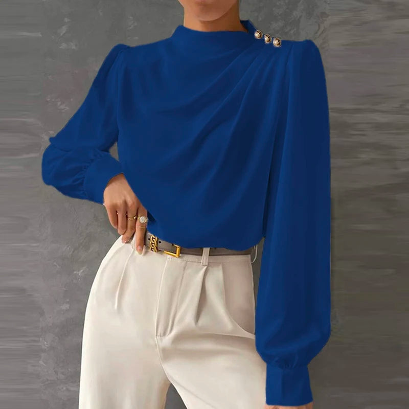 Women's professional mock neck blouse with ruched sleeves & gold button cuffs. Elegant and versatile women's top.