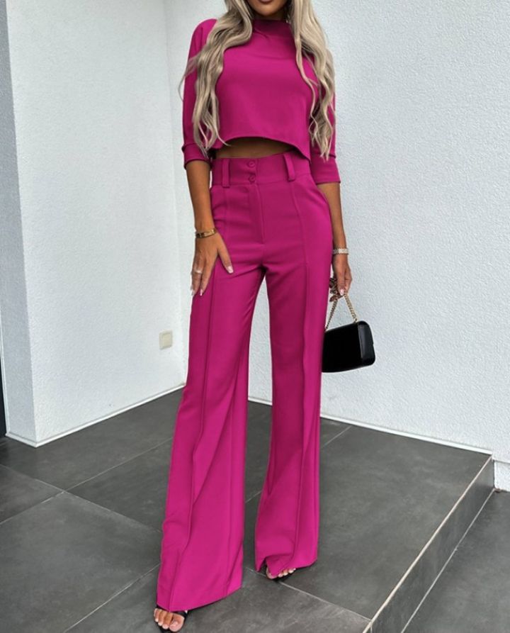 Modern elegant two-piece women's clothing set, featuring chic wide-leg pants and a stylish top for a polished look.