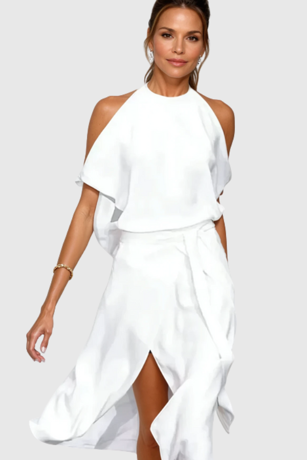 Elegant women's off-shoulder asymmetric midi dress for special occasions. Perfect for parties & wedding guests.
