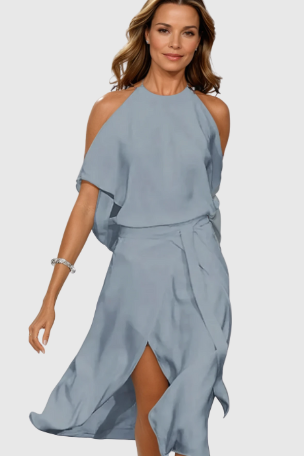 Stylish off-shoulder asymmetric cocktail midi dress. Ideal elegant evening wear or party dress for women.