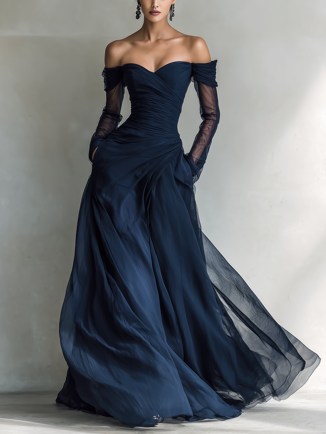 Elegant women's off-shoulder fitted maxi dress for formal evenings or wedding guests.