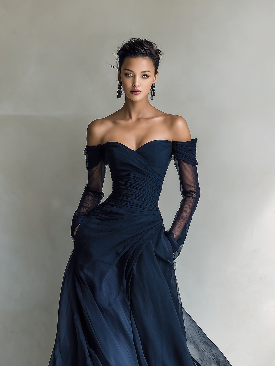 Sophisticated off-shoulder fitted maxi dress for women, ideal as an evening gown or cocktail attire.