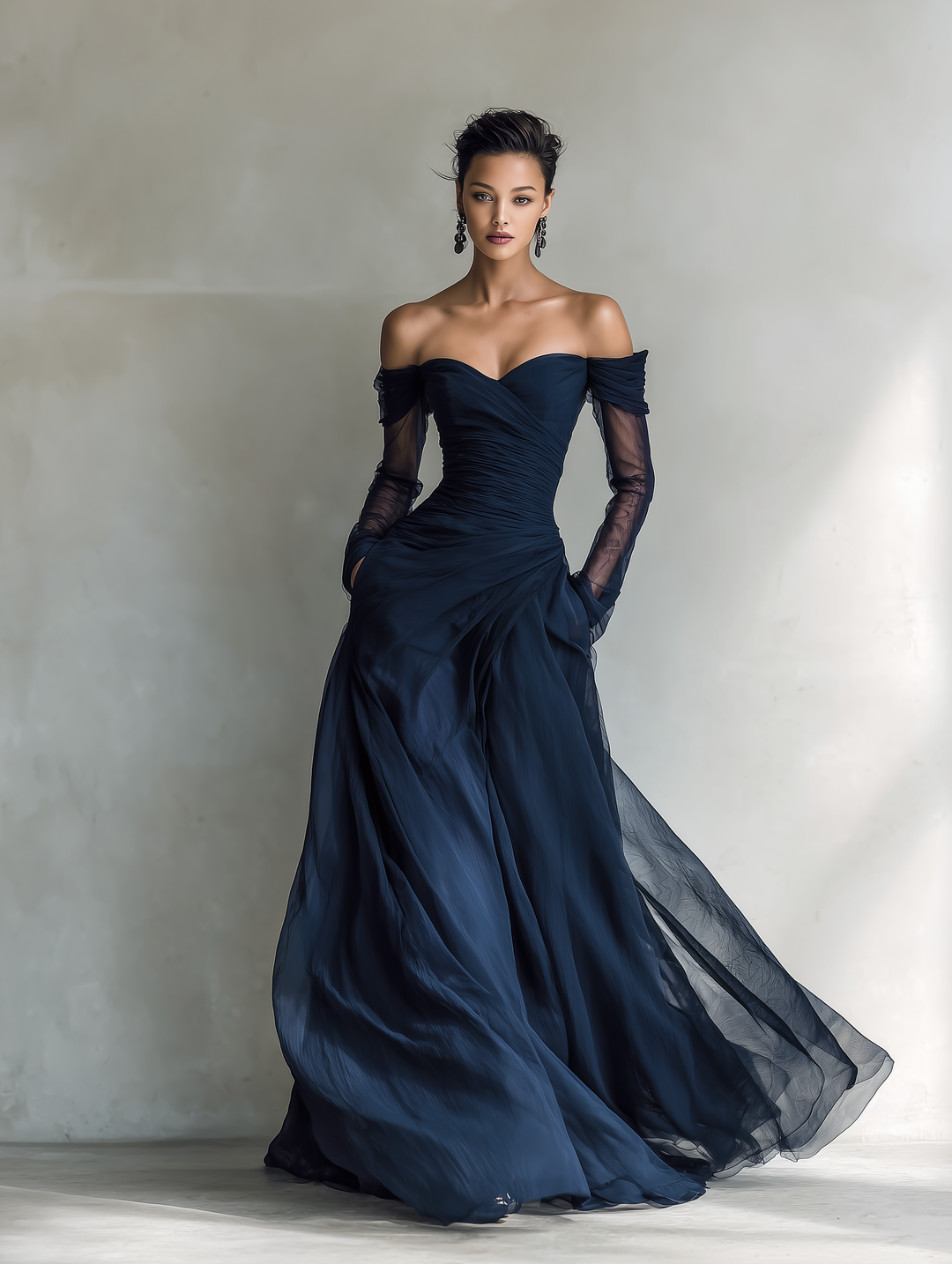 Stylish women's off-shoulder maxi dress, a fitted evening gown perfect for special occasions.