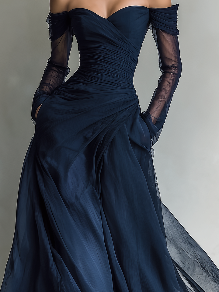 Sleek, form-fitting off-shoulder maxi dress for women, an elegant choice for evening events.