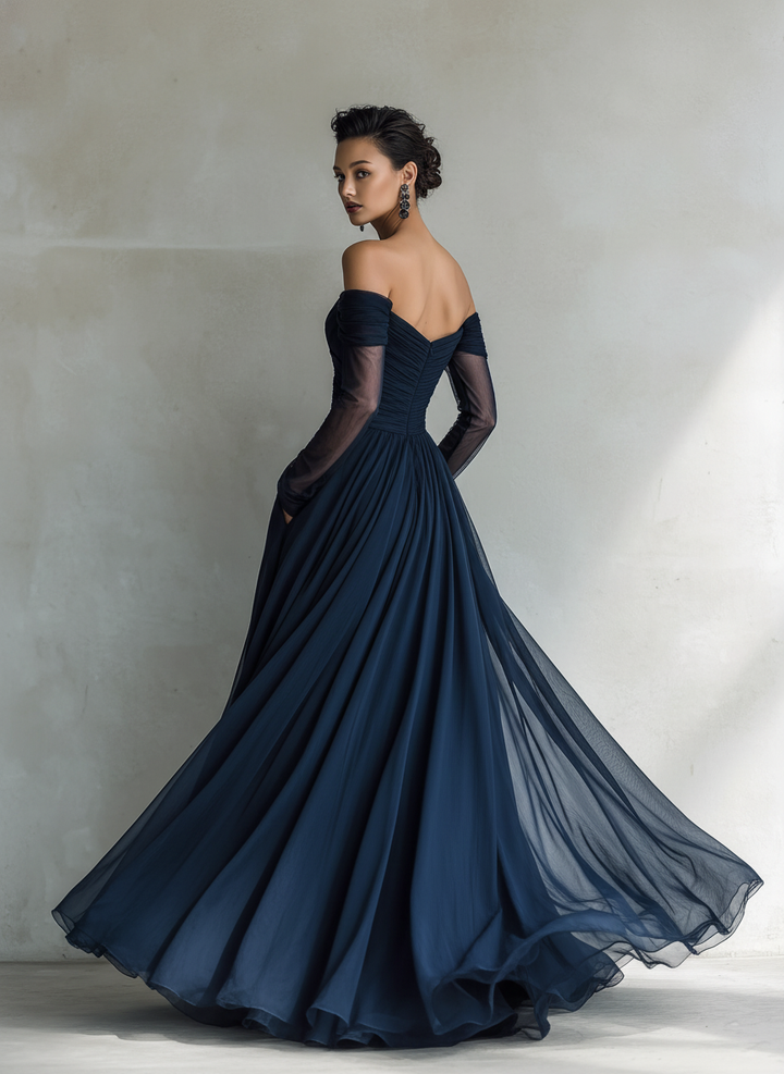 Beautiful off-shoulder fitted maxi dress; a perfect formal wear option for women's special occasions.