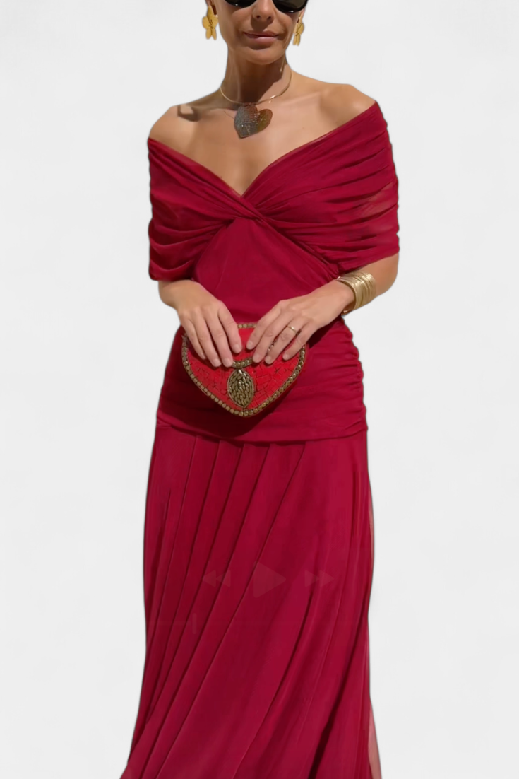 Fashionable women's off-shoulder special occasion maxi dress, an elegant and draped evening gown.