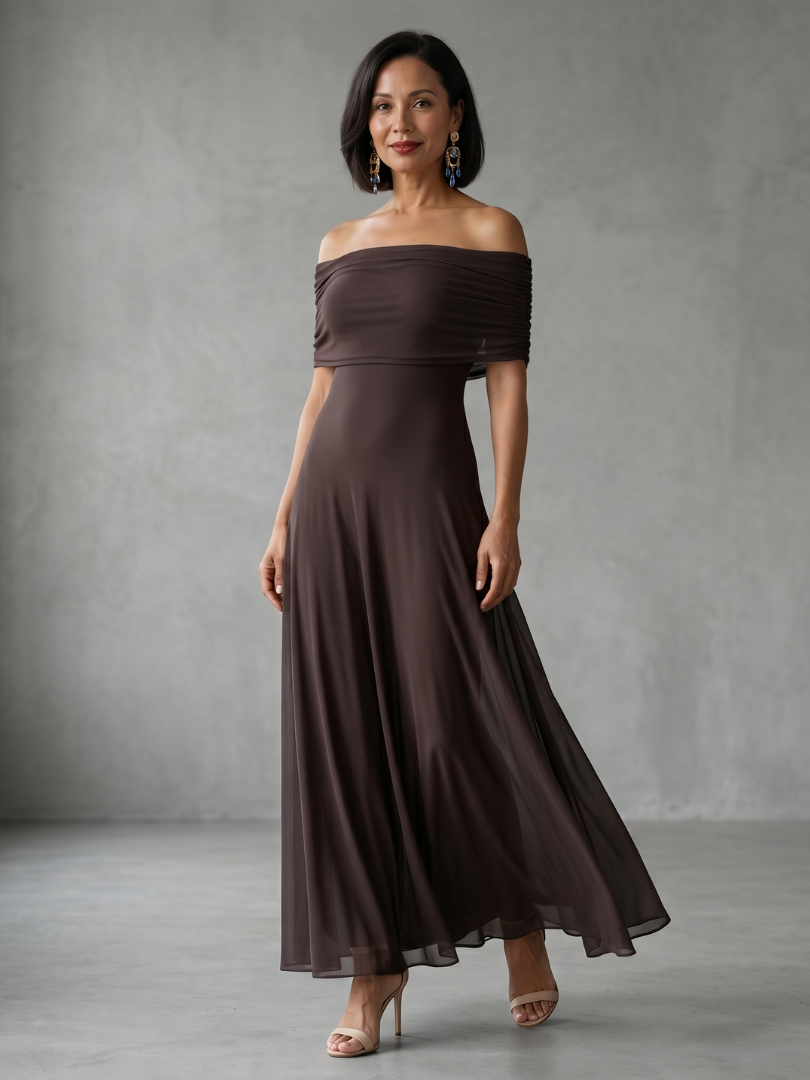 Elegant women's off-shoulder midi dress with a sophisticated draped bodice, perfect for special occasions.