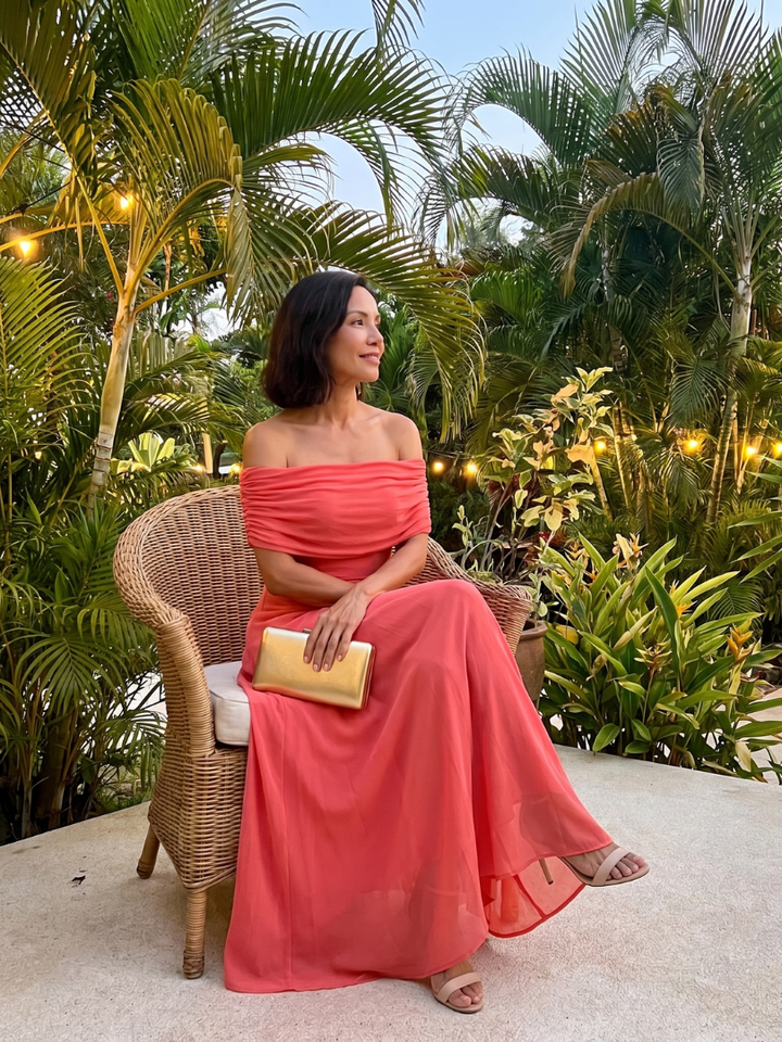 Elegant women's off-shoulder evening midi dress, sophisticated draped bodice, suitable for formal events.