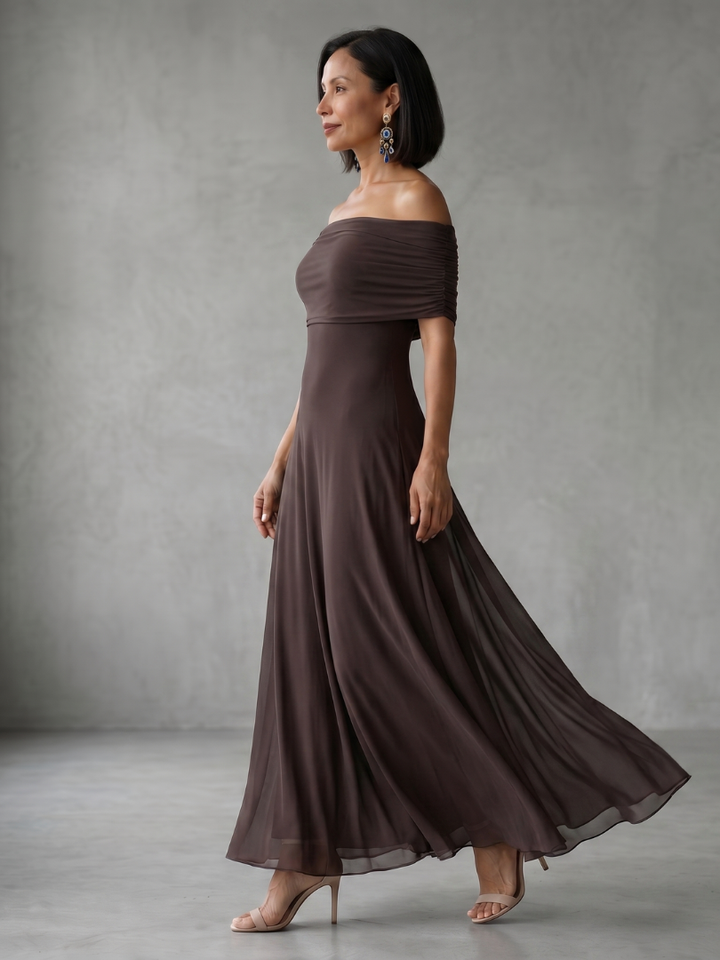 Women's off-shoulder midi dress, featuring an elegant draped bodice and tailored fit for formal events.