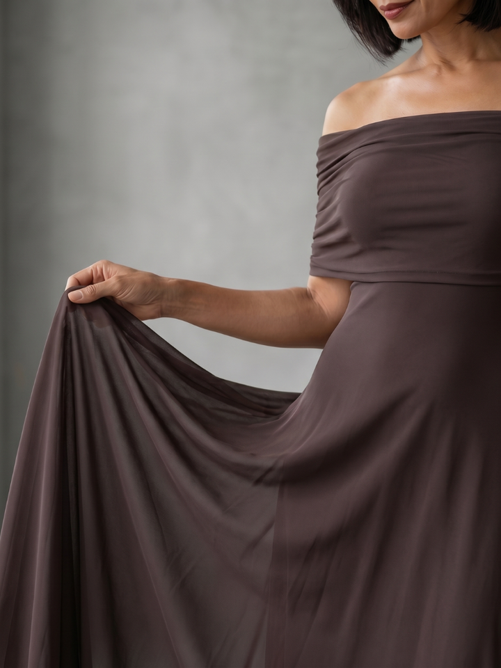Sophisticated wedding guest midi dress for women, off-shoulder design with an elegant draped bodice.