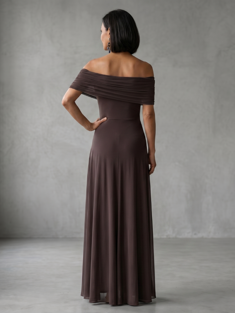 Chic women's off-shoulder cocktail midi dress, elegant draped bodice, ideal for evening wear.