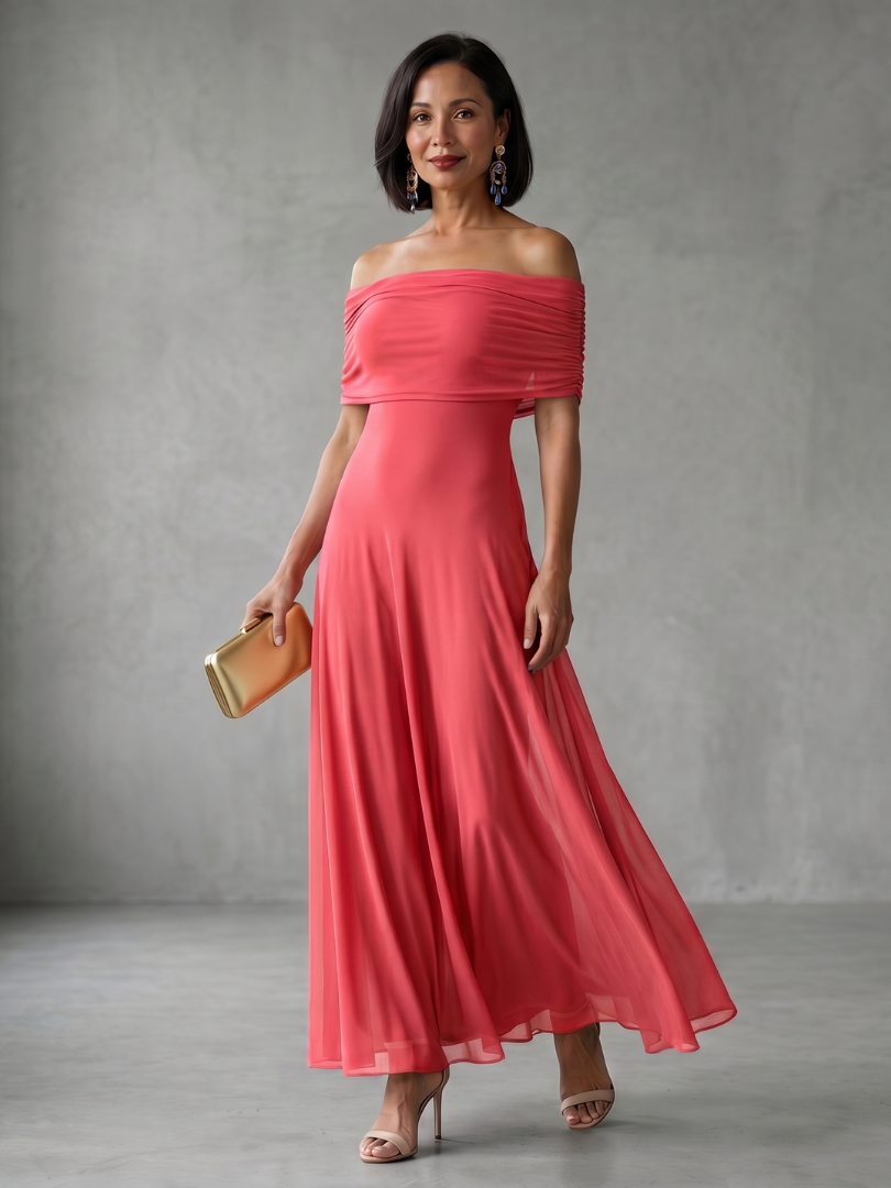 Brown off-shoulder midi dress for women, elegant draped bodice, perfect for formal or special occasions.