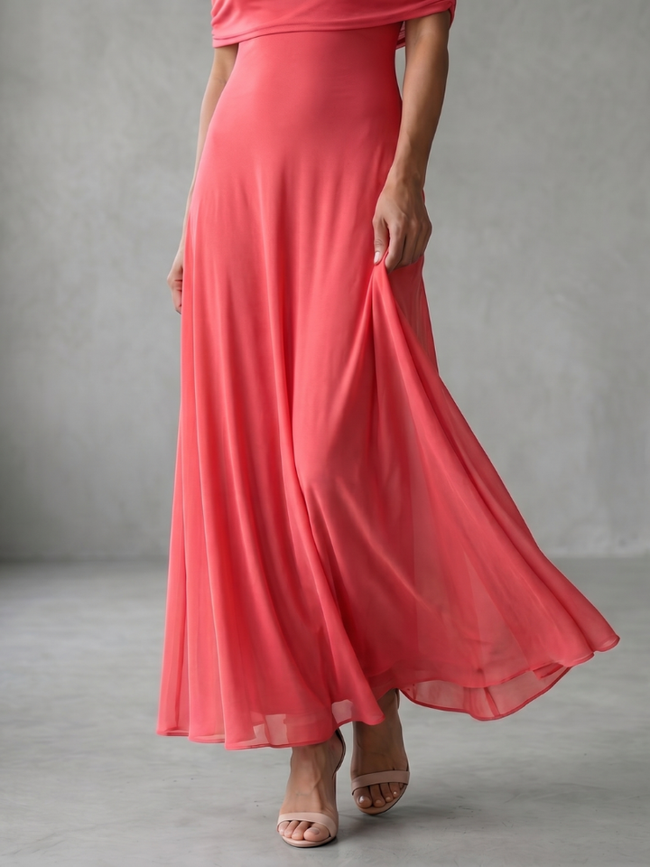 Coral pink off-shoulder women's midi dress with an elegant draped bodice, sophisticated evening wear.