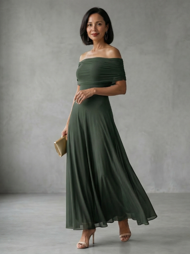 Green off-shoulder midi dress for women, featuring a draped bodice and tailored fit for formal events.