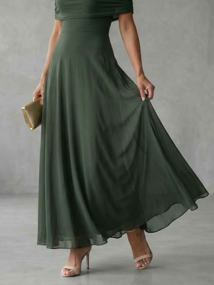 Sophisticated women's off-shoulder midi dress with an elegant draped bodice for formal wear.