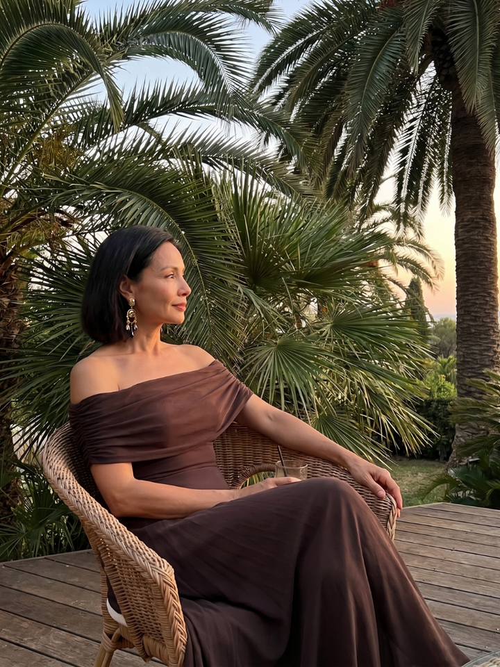 Tailored off-shoulder midi dress for women with an elegant draped bodice, great for wedding guests.