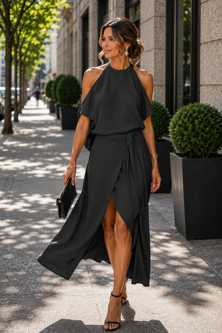 Stylish women's off-shoulder midi dress with an elegant asymmetrical hem. Great for formal events & evening wear.