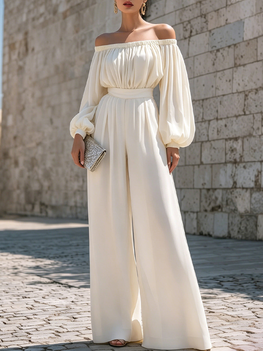 Elegant women's off-shoulder white maxi dress with bishop sleeves, perfect for summer parties & special occasions.