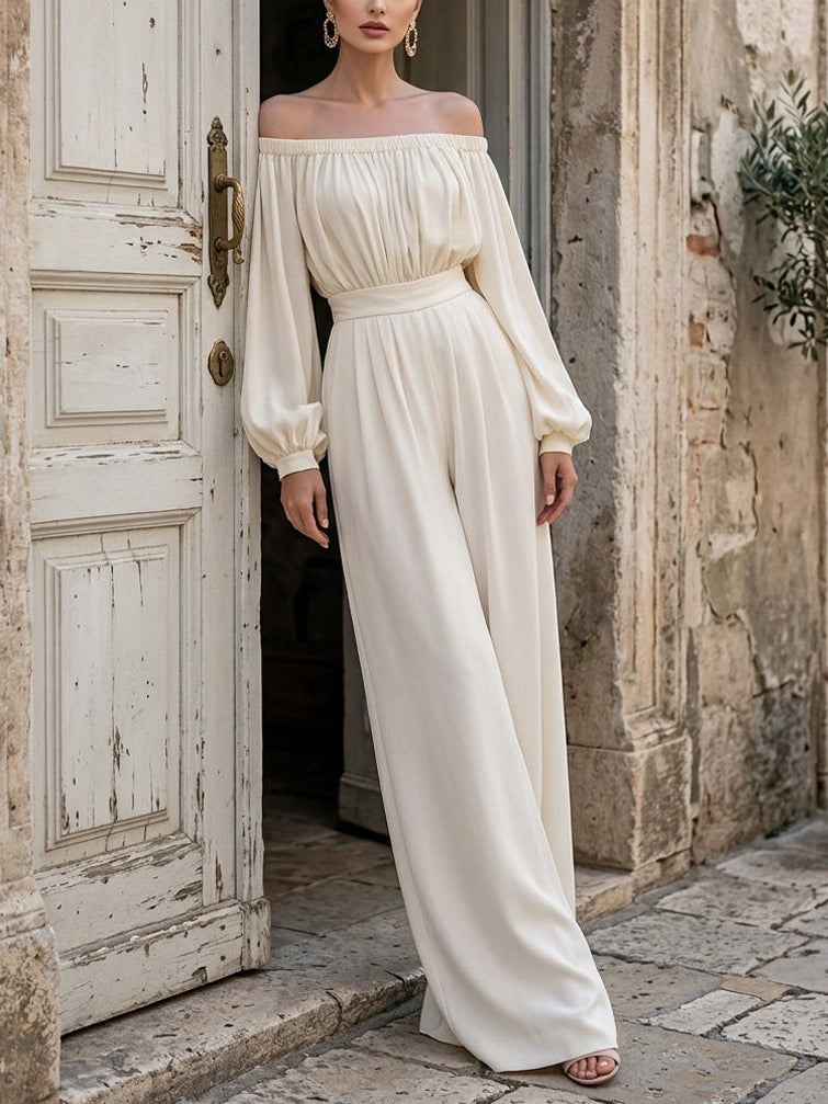 Elegant off-shoulder white maxi dress with long bishop sleeves, perfect for formal events & wedding guests.