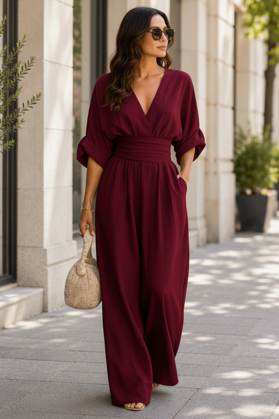 Elegant women's one-piece jumpsuit, versatile for evening events & casual chic. Modern & comfortable summer fashion.