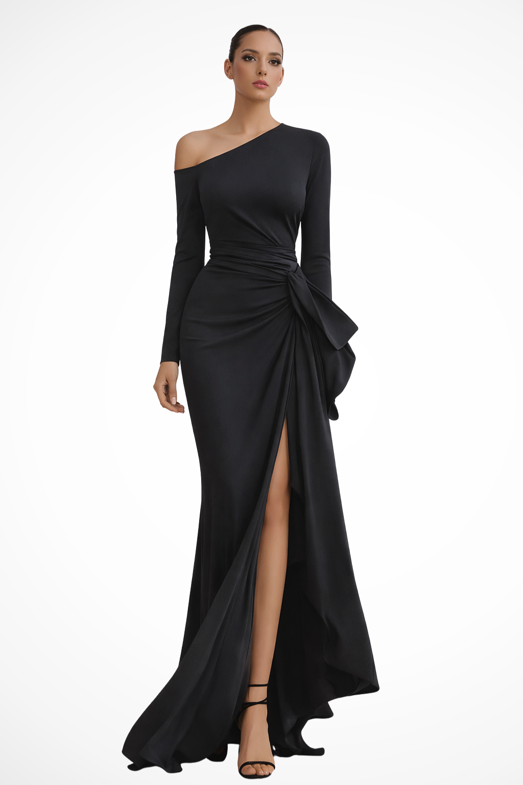 Elegant women's one shoulder black ruched maxi dress with high slit, perfect for wedding guests & formal events.
