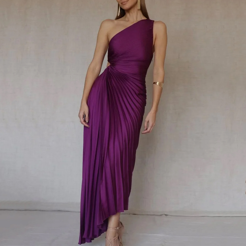 Elegant women's one-shoulder evening dress with delicate pleats, perfect for formal events & parties.