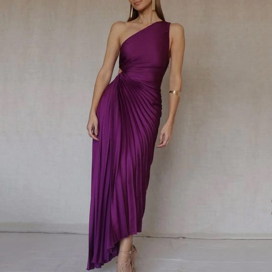 Elegant women's one-shoulder evening dress with delicate pleats, perfect for formal events & parties.