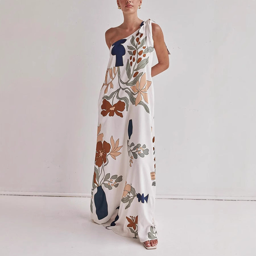 Elegant women's one-shoulder floral print maxi dress, perfect for summer parties, vacations, or casual wear.